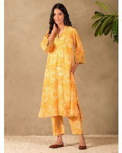 Yellow Hand Block Printed Cotton Kurta with Pants- Set of 2