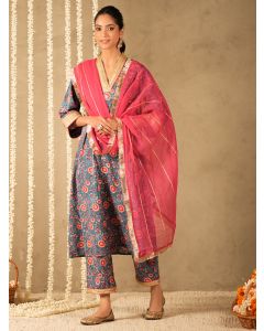 Blue Hand Block Printed Cotton Suit - Set of 3