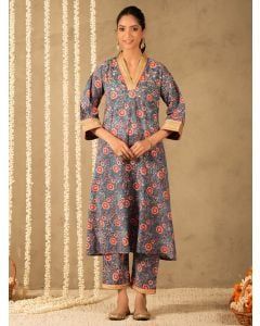 Blue Hand Block Printed Cotton Kurta with Pants - Set of 2