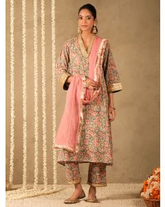 Green Pink Hand Block Printed Cotton Suit - Set of 3