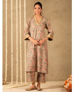Green Pink Hand Block Printed Cotton Kurta with Pants - Set of 2
