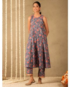 Blue Hand Block Printed Cotton Kurta with Pants - Set of 2