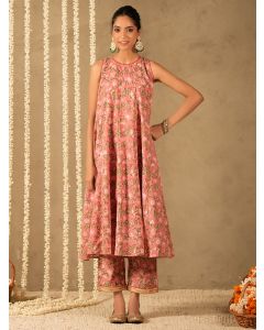 Pink Hand Block Printed Cotton Kurta with Pants - Set of 2