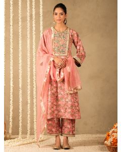 Pink Hand Block Printed Cotton Suit - Set of 3