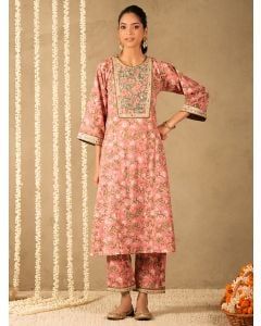 Pink Hand Block Printed Cotton Kurta with Pants - Set of 2