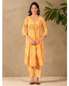 Yellow Hand Block Printed Cotton Kurta with Pants- Set of 2
