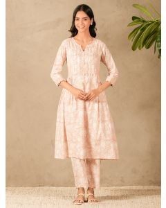 Old Rose Pink Hand Block Printed Cotton Kurta with Pants- Set of 2