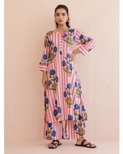 Pink Blue Printed Cotton Kurta with Pants- Set of 2