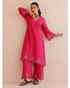 Pink Embroidered Cotton Kurta with Pants - Set of 2