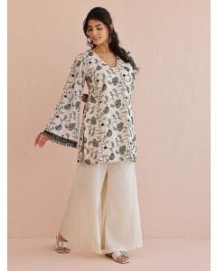 Ivory Embroidered Cotton Kurta with Palazzo - Set of 2