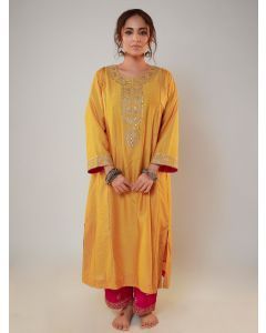 Yellow Embroidered Chanderi Kurta with Pants- Set of 2