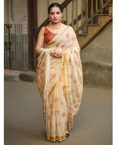 Cream Hand Block Printed Linen Zari Saree