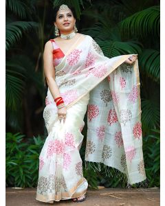 White Pink Hand Block Printed Cotton Silk Saree