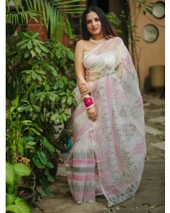 White Pink Hand Block Printed Organza Silk Saree