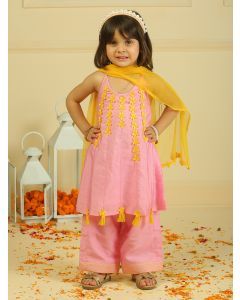 Pink Lace Work Chanderi Suit - Set of 3