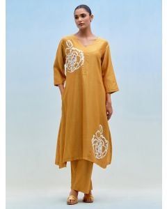 Yellow Hand Block Printed Chanderi Kurta with Pants- Set of 2
