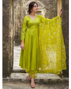 Lime Green Embroidered Silk Suit- Set of 3