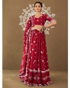 Red Printed Cotton Mul Lehenga Set-Set of 3