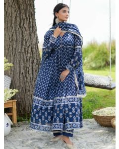 Blue Printed Cotton Suit - Set of 3