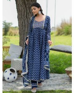 Blue Printed Cotton Suit - Set of 3