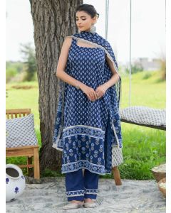 Blue Printed Cotton Suit - Set of 3
