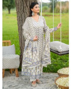 Off White Printed Cotton Suit - Set of 3