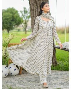 Off White Printed Cotton Suit - Set of 3