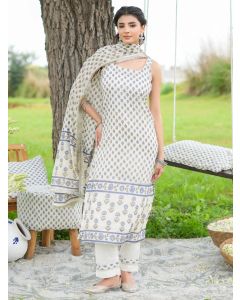 Off White Printed Cotton Suit - Set of 3