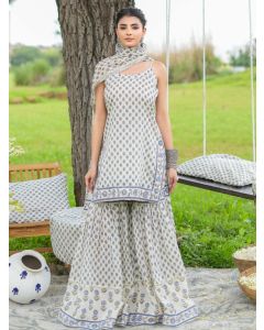 Off White Printed Cotton Gharara Suit - Set of 3