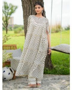 Off White Printed Cotton Kurta with Pants - Set of 2