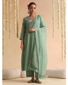 Teal Blue Embroidered Chanderi Suit - Set of 3