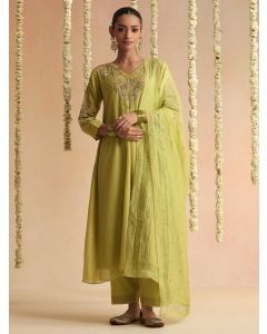 Lime Green Embroidered Chanderi Suit - Set of 3