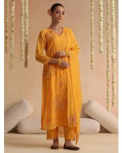 Orange Embroidered Chanderi Suit - Set of 3
