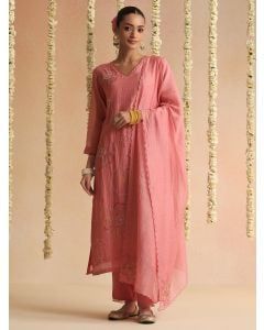Rose Pink Embroidered Chanderi Suit - Set of 3