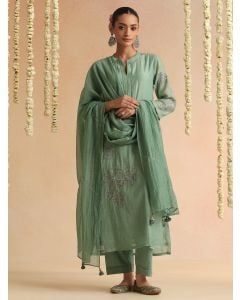 Teal Blue Embroidered Chanderi Suit - Set of 3