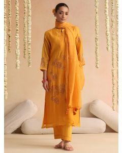Orange Embroidered Chanderi Suit - Set of 3