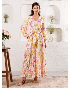 White Pink Hand Block Printed Cotton Dress with Belt