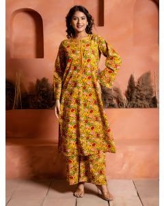 Yellow Hand Block Printed Cotton Kurta with Pants - Set of 2