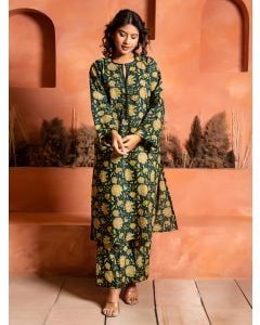 Green Hand Block Printed Cotton Kurta with Pants - Set of 2