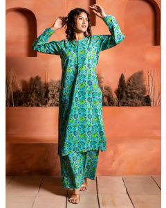 Blue Hand Block Printed Cotton Kurta with Pants - Set of 2