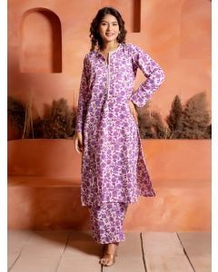 Lavender Hand Block Printed Cotton Kurta with Pants - Set of 2