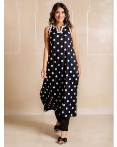 Black Polka Dot Printed Cotton Kurta with Pants - Set of 2