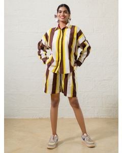 Brown Yellow Striped Poplin Co-ord Set- Set of 2