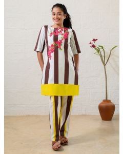 Brown White Striped Poplin Kurta with Pants- Set of 2