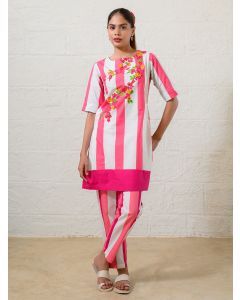 Pink White Striped Poplin Kurta with Pants- Set of 2