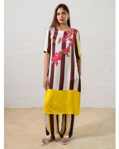 Brown White Striped Modal Kurta with Pants- Set of 2