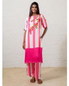 Pink White Striped Modal Kurta with Pants- Set of 2