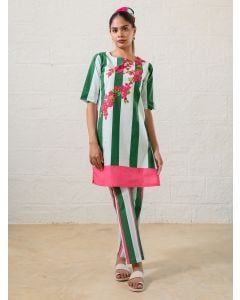 Green Striped Poplin Kurta with Pants- Set of 2