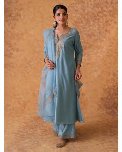 Powder Blue Hand Embroidered Chanderi Suit- Set of 3
