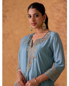 Powder Blue Hand Embroidered Chanderi Suit- Set of 3